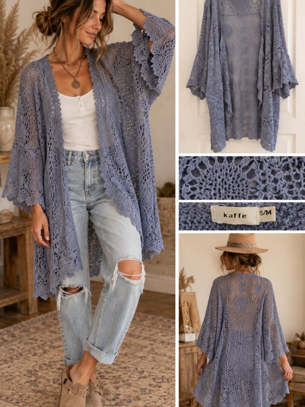 672 - Kaffe Vanessa S/M Blue Crochet Boho Kimono Cardigan Duster